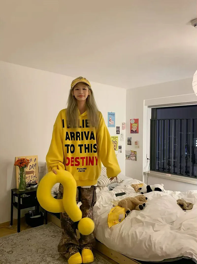 Letter Print Hoodie for Women American Loose Streetwear Warm Pullover Bf Autumn Winter Thick All Match Yellow Sweatshirts