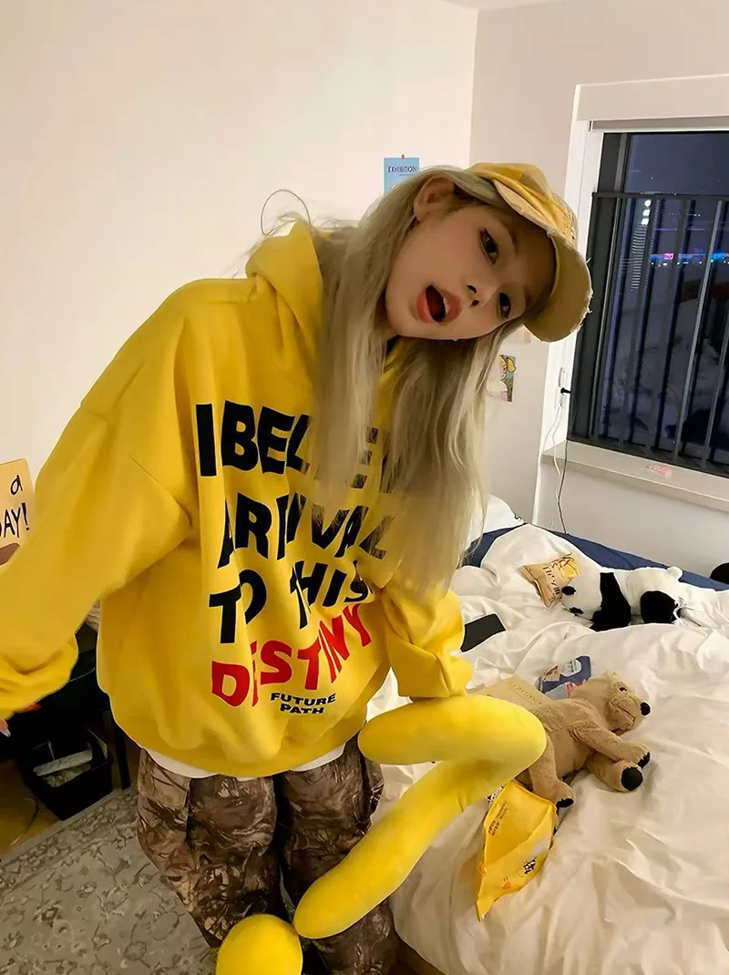 Letter Print Hoodie for Women American Loose Streetwear Warm Pullover Bf Autumn Winter Thick All Match Yellow Sweatshirts
