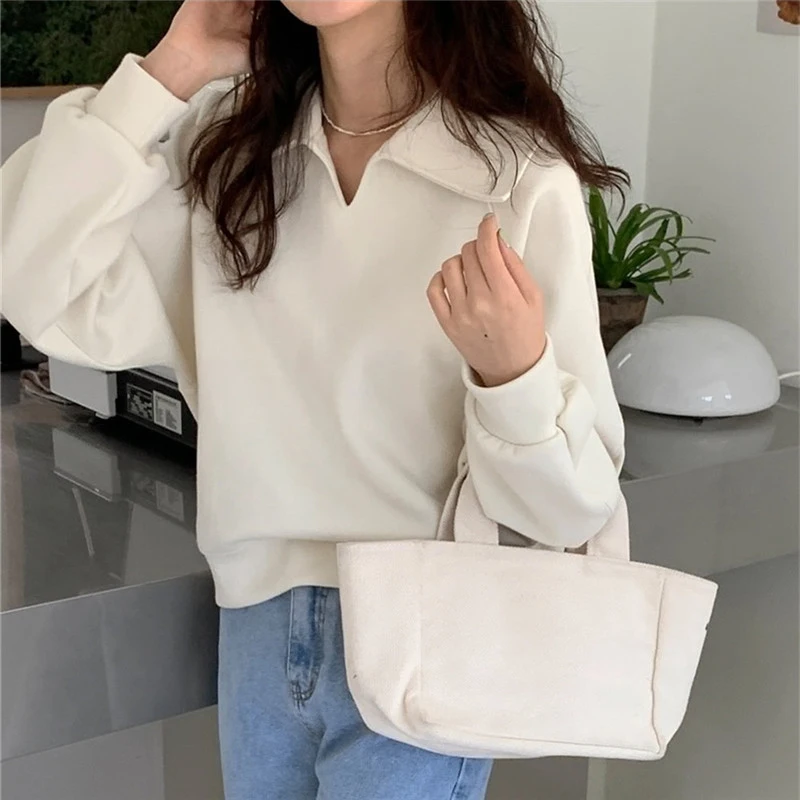 Fashion Simple Sweatshirt Women Casual Turn Down Collar Loose Autumn Pullover Office Lady All Match Long Sleeve Solid Tops New