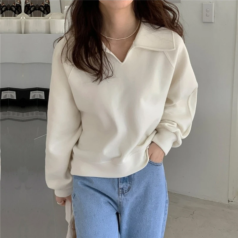 Fashion Simple Sweatshirt Women Casual Turn Down Collar Loose Autumn Pullover Office Lady All Match Long Sleeve Solid Tops New