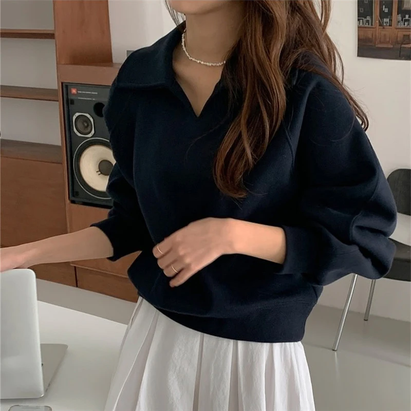 Fashion Simple Sweatshirt Women Casual Turn Down Collar Loose Autumn Pullover Office Lady All Match Long Sleeve Solid Tops New