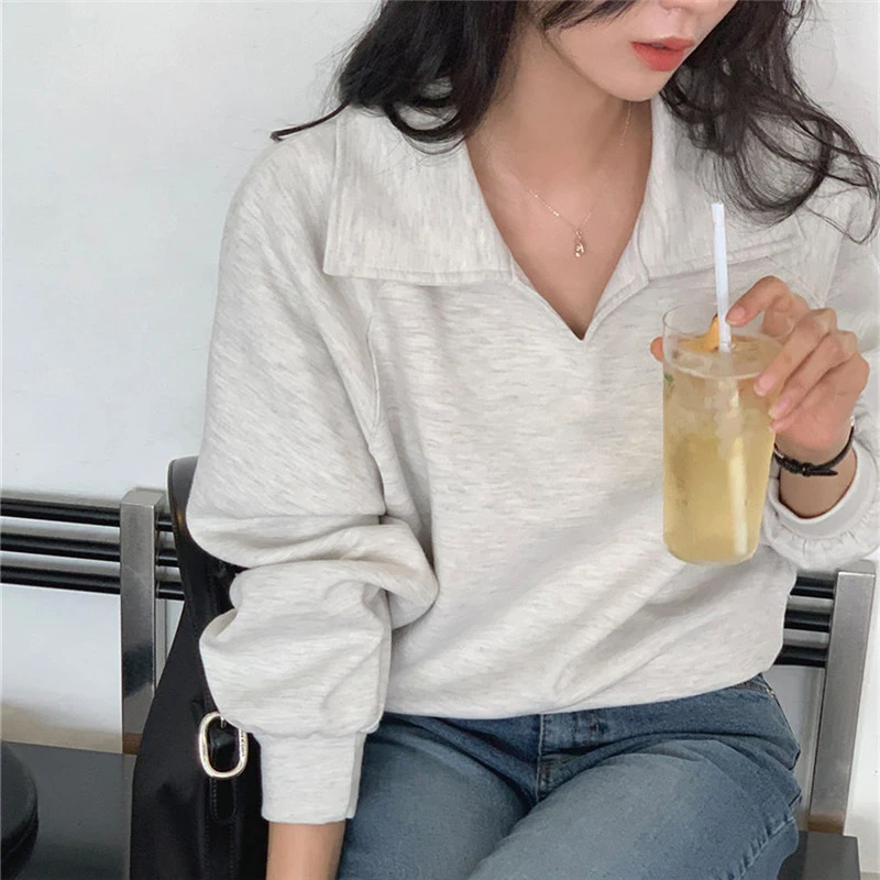 Fashion Simple Sweatshirt Women Casual Turn Down Collar Loose Autumn Pullover Office Lady All Match Long Sleeve Solid Tops New