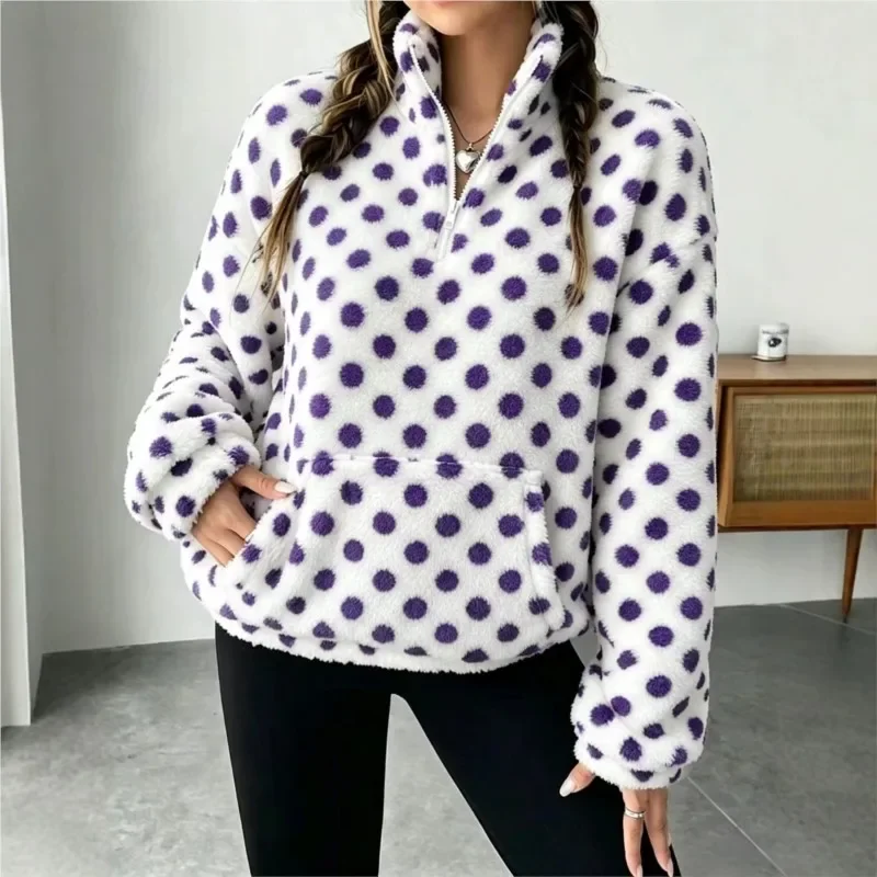 2026 New Women's Autumn And Winter Fleece Hoodie With Polka Dots Fashionable And Casual Warm Comfortable And Loose Fit Hoodie