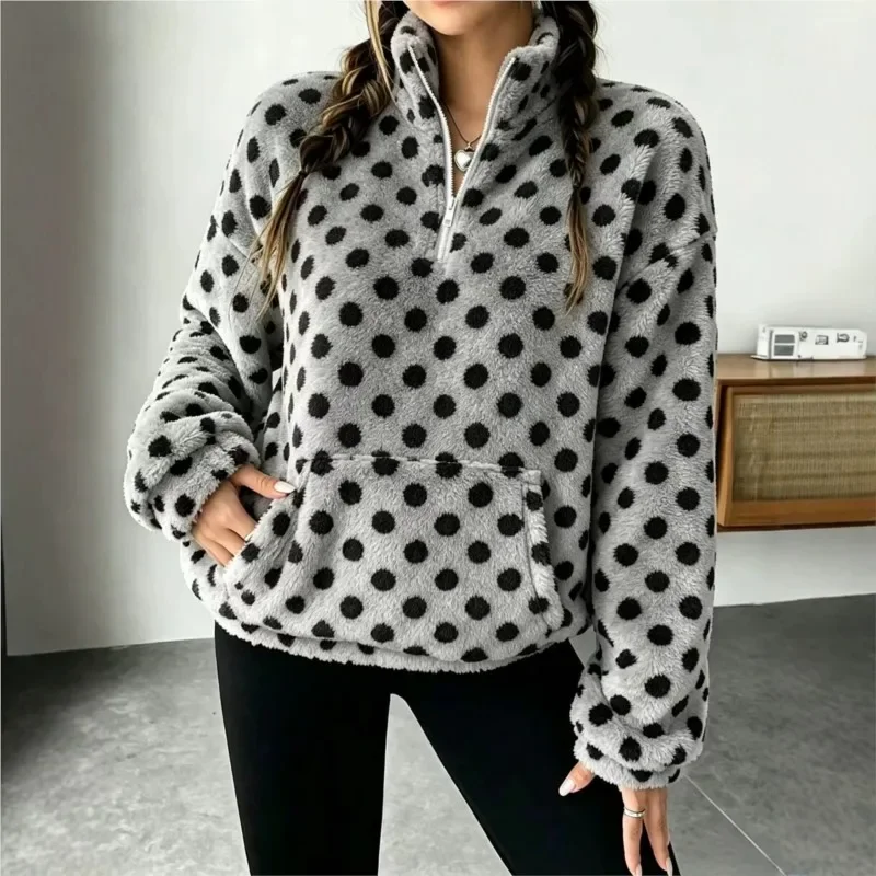 2026 New Women's Autumn And Winter Fleece Hoodie With Polka Dots Fashionable And Casual Warm Comfortable And Loose Fit Hoodie