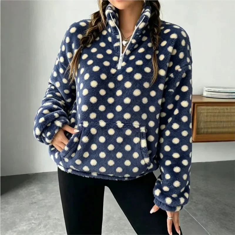 2026 New Women's Autumn And Winter Fleece Hoodie With Polka Dots Fashionable And Casual Warm Comfortable And Loose Fit Hoodie