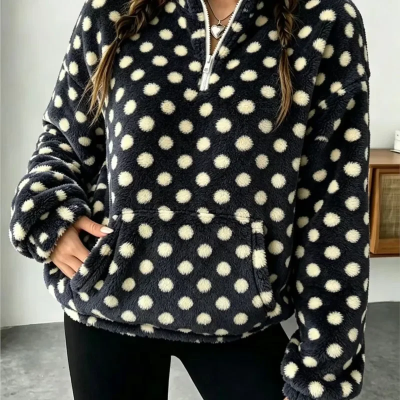 2026 New Women's Autumn And Winter Fleece Hoodie With Polka Dots Fashionable And Casual Warm Comfortable And Loose Fit Hoodie