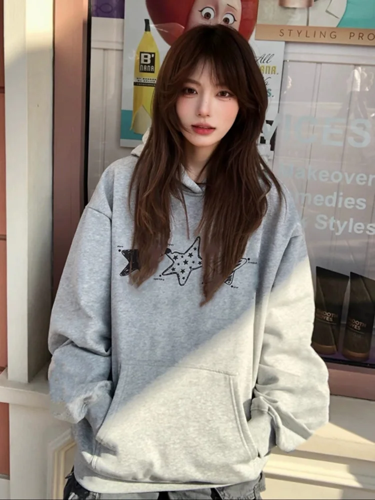 Aoaiiys Star Print Hoodies Women Pullovers Streetwear Sweatshirt Long Sleeve Hoodies Autumn Winter Loose Pullovers Sweatshirts