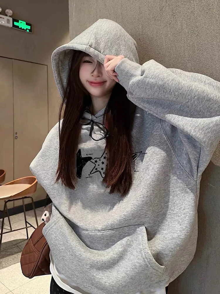 Aoaiiys Star Print Hoodies Women Pullovers Streetwear Sweatshirt Long Sleeve Hoodies Autumn Winter Loose Pullovers Sweatshirts