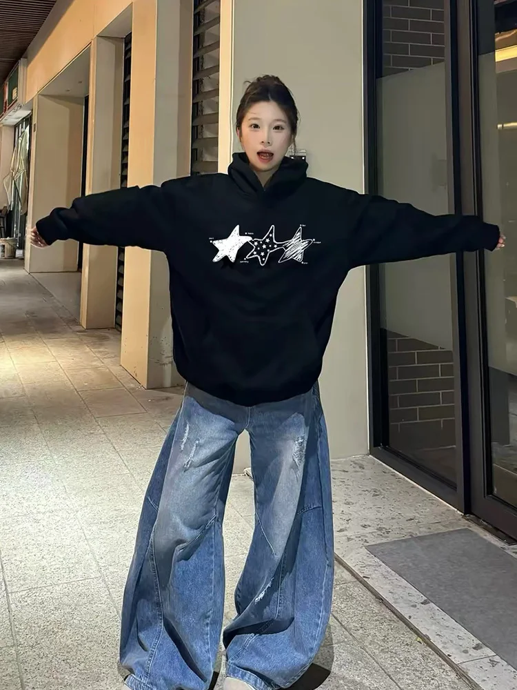 Aoaiiys Star Print Hoodies Women Pullovers Streetwear Sweatshirt Long Sleeve Hoodies Autumn Winter Loose Pullovers Sweatshirts