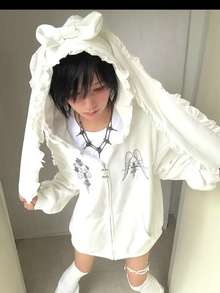 Japanese Cartoon Embroidery Grunge Rabbit's Ears Hoodies Women Casual Loose Zipper Sweatshirt Y2k Aesthetic Vintage Autumn Hoody