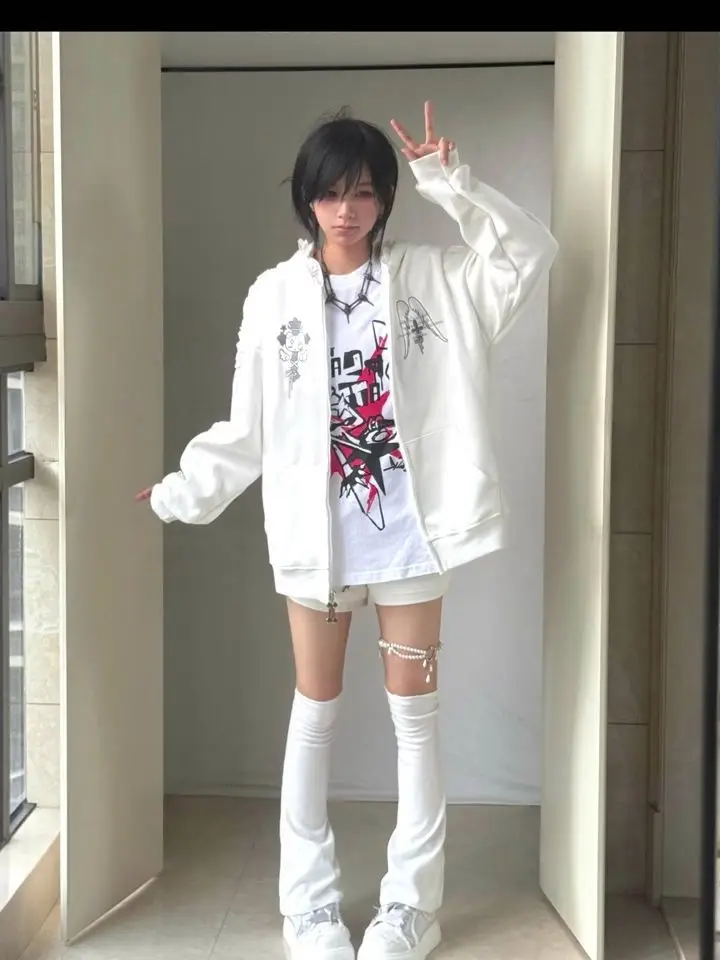 Japanese Cartoon Embroidery Grunge Rabbit's Ears Hoodies Women Casual Loose Zipper Sweatshirt Y2k Aesthetic Vintage Autumn Hoody
