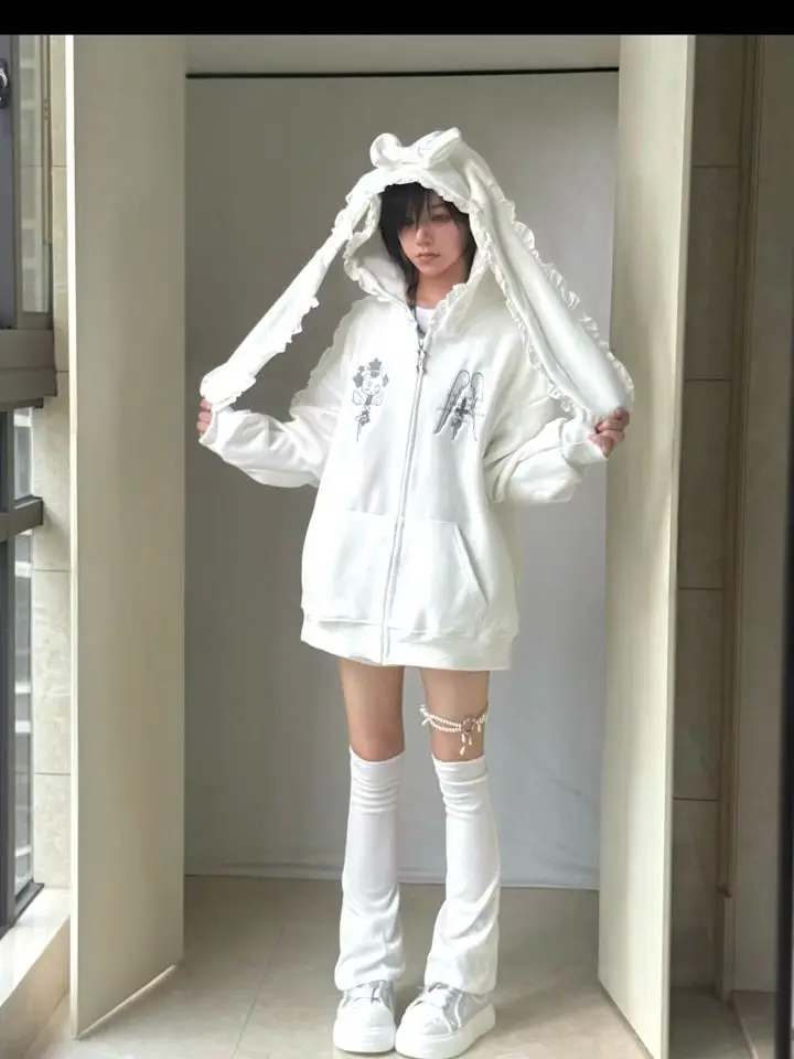 Japanese Cartoon Embroidery Grunge Rabbit's Ears Hoodies Women Casual Loose Zipper Sweatshirt Y2k Aesthetic Vintage Autumn Hoody