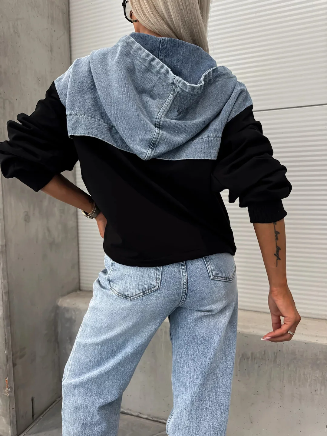 Washed Denim Sweater Hoodies Women Loose Vintage Hooded Pullover Tops 2024 Autumn Patchwork Sweatshirt Female Streetwear