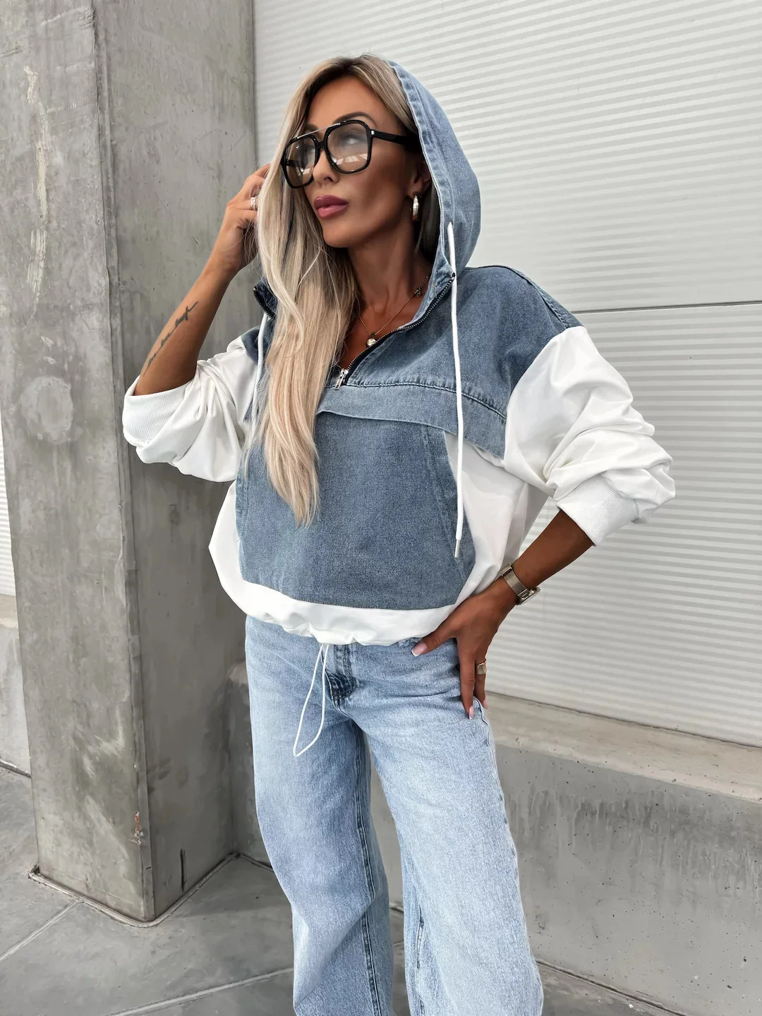 Washed Denim Sweater Hoodies Women Loose Vintage Hooded Pullover Tops 2024 Autumn Patchwork Sweatshirt Female Streetwear