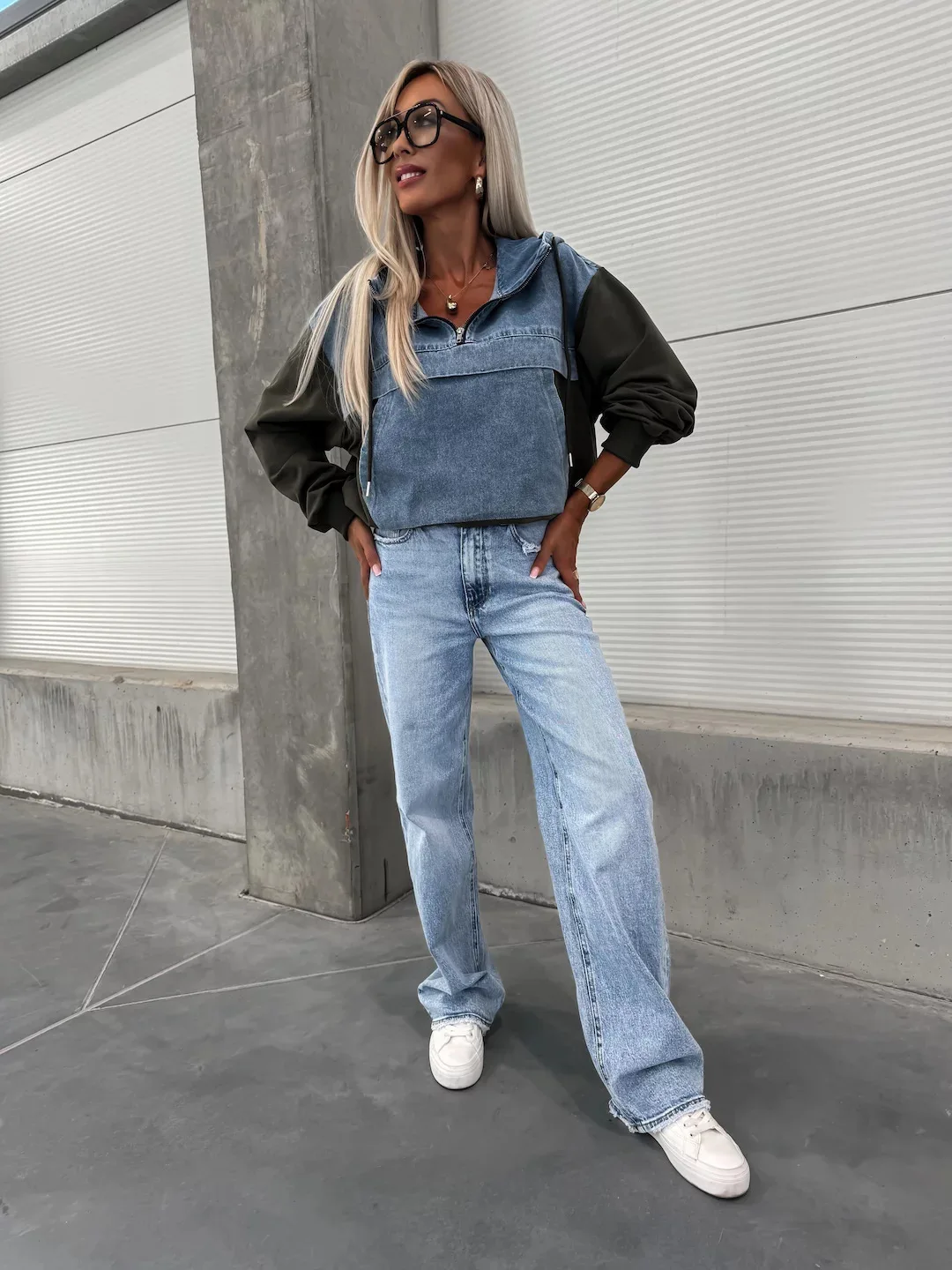 Washed Denim Sweater Hoodies Women Loose Vintage Hooded Pullover Tops 2024 Autumn Patchwork Sweatshirt Female Streetwear