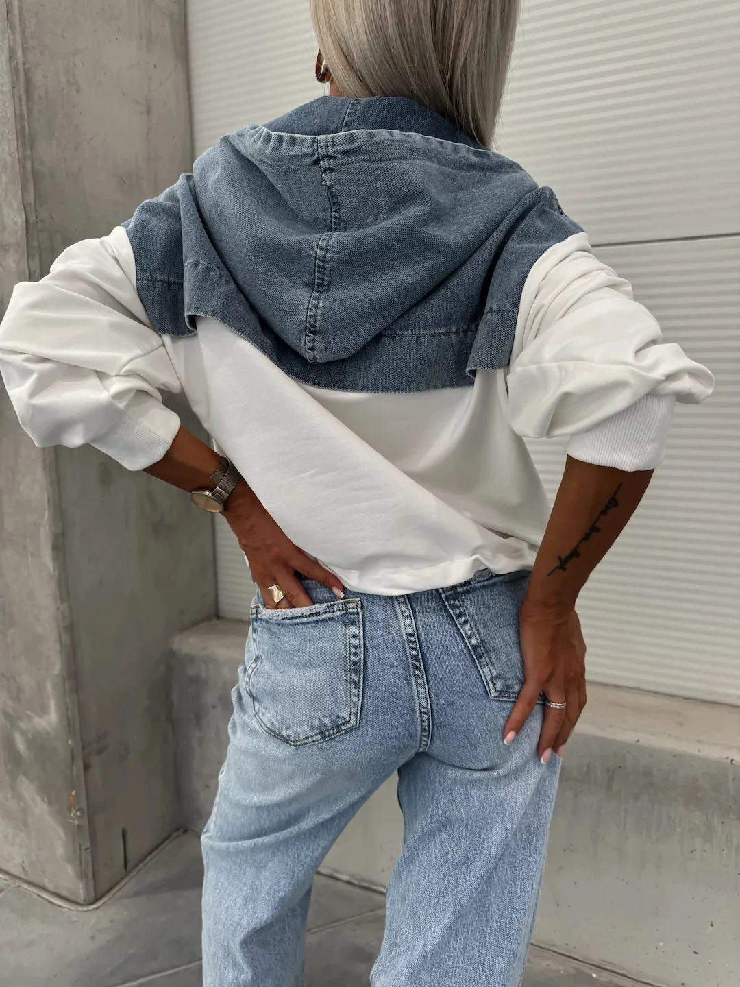 Washed Denim Sweater Hoodies Women Loose Vintage Hooded Pullover Tops 2024 Autumn Patchwork Sweatshirt Female Streetwear