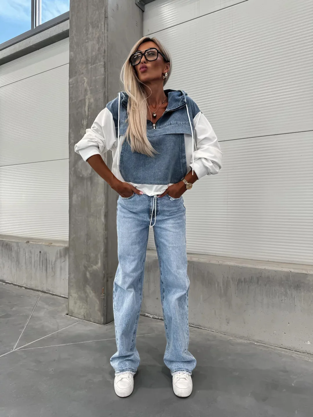 Washed Denim Sweater Hoodies Women Loose Vintage Hooded Pullover Tops 2024 Autumn Patchwork Sweatshirt Female Streetwear