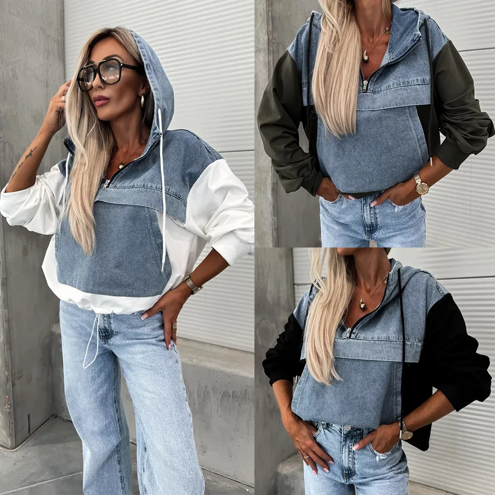 Washed Denim Sweater Hoodies Women Loose Vintage Hooded Pullover Tops 2024 Autumn Patchwork Sweatshirt Female Streetwear
