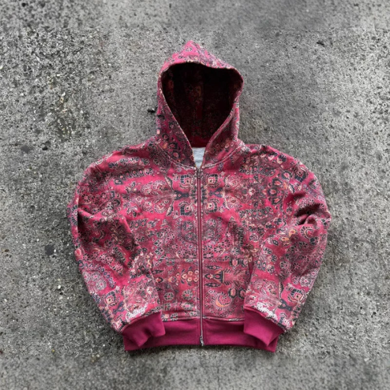 American INS Floral High Street Cool Trend Autumn Winter Loose Joker Hoodies Y2K Fashion Harajuku Long Sleeve Zipper Sports Coat