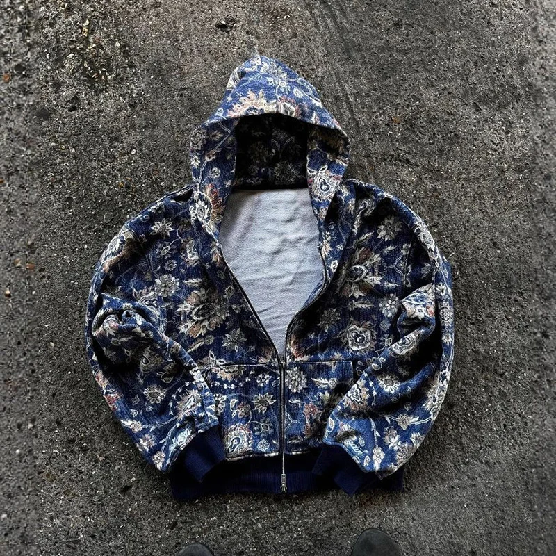 American INS Floral High Street Cool Trend Autumn Winter Loose Joker Hoodies Y2K Fashion Harajuku Long Sleeve Zipper Sports Coat