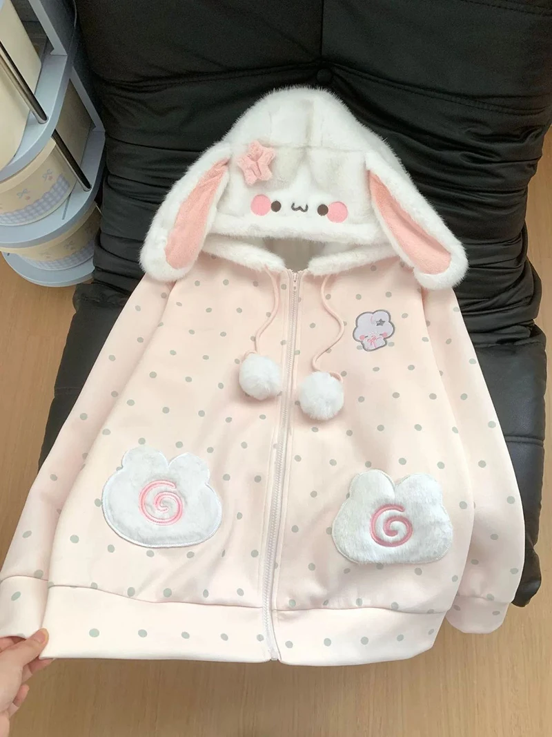 Cute Rabbit Ears Hoodies Women Sweet Dot Cartoon Print Long Sleeve Sweatshirt Fall Winter Kawaii Preppy Style Female Zipper Top