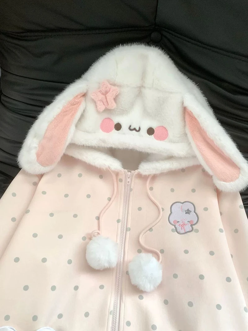 Cute Rabbit Ears Hoodies Women Sweet Dot Cartoon Print Long Sleeve Sweatshirt Fall Winter Kawaii Preppy Style Female Zipper Top