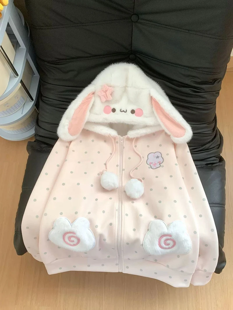 Cute Rabbit Ears Hoodies Women Sweet Dot Cartoon Print Long Sleeve Sweatshirt Fall Winter Kawaii Preppy Style Female Zipper Top
