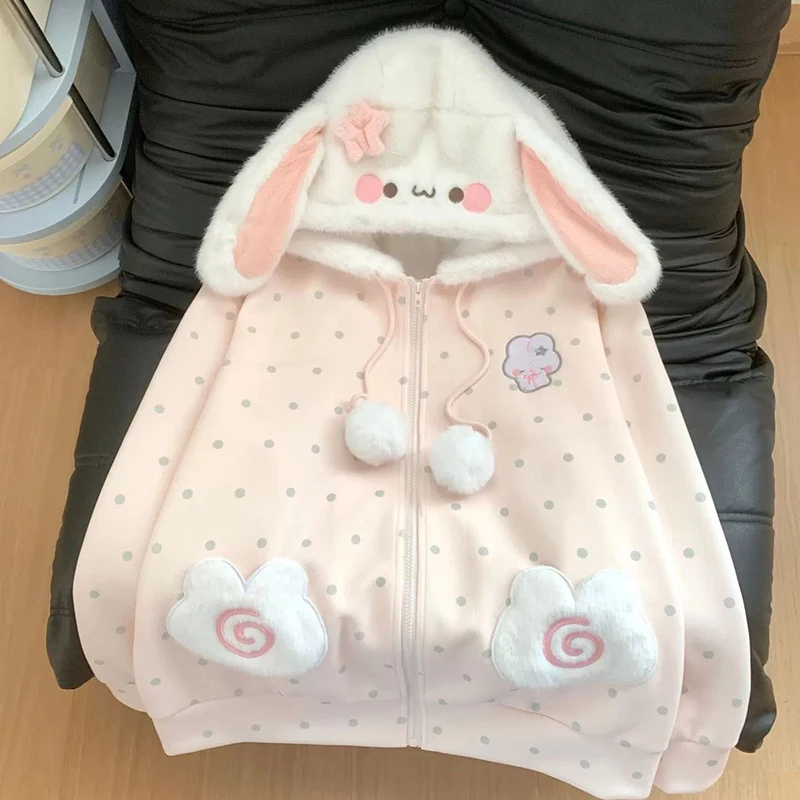 Cute Rabbit Ears Hoodies Women Sweet Dot Cartoon Print Long Sleeve Sweatshirt Fall Winter Kawaii Preppy Style Female Zipper Top