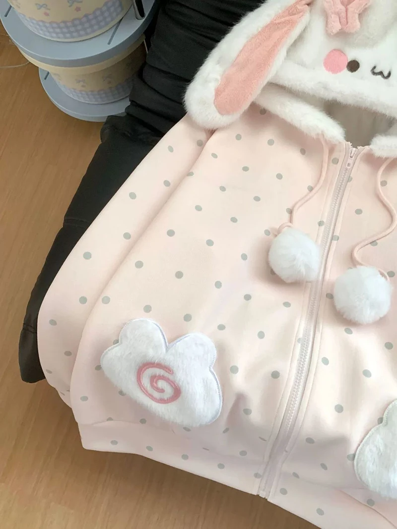 Cute Rabbit Ears Hoodies Women Sweet Dot Cartoon Print Long Sleeve Sweatshirt Fall Winter Kawaii Preppy Style Female Zipper Top
