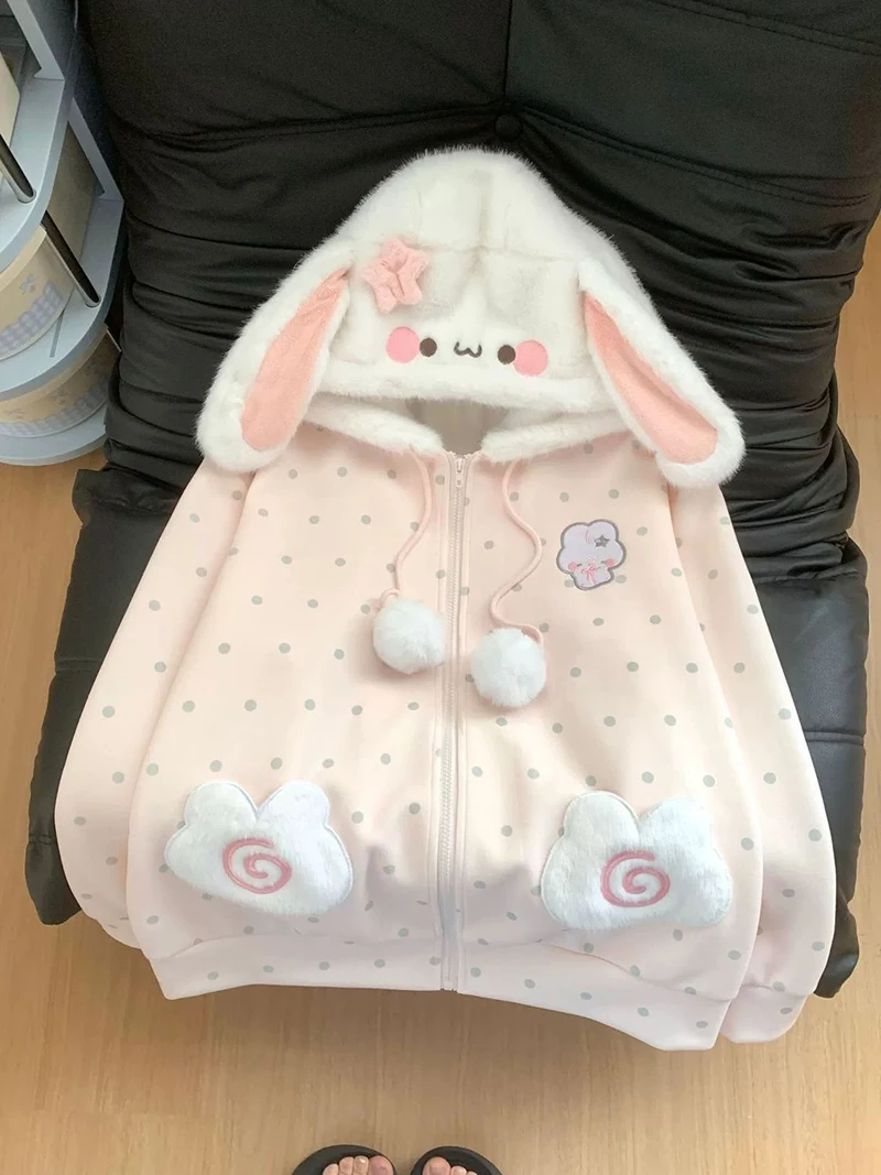 Cute Rabbit Ears Hoodies Women Sweet Dot Cartoon Print Long Sleeve Sweatshirt Fall Winter Kawaii Preppy Style Female Zipper Top