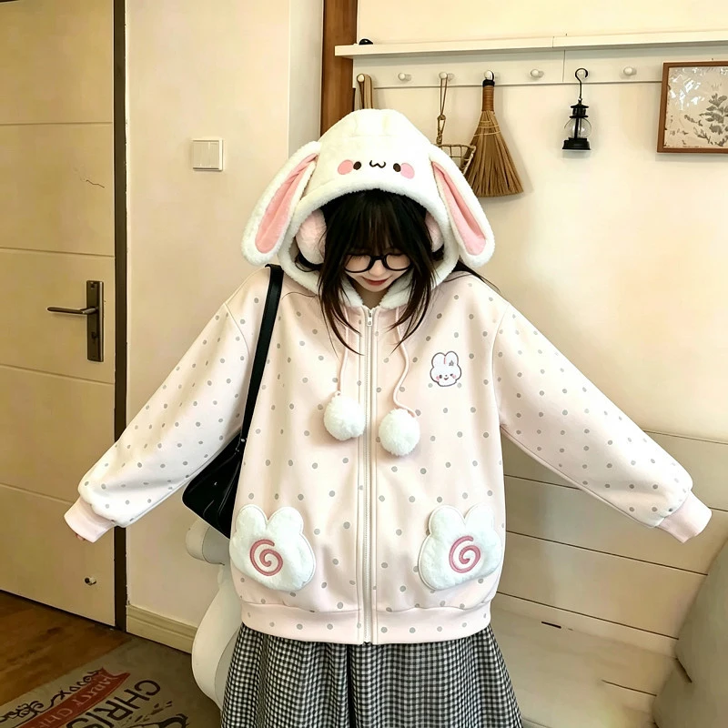 Cute Rabbit Ears Hoodies Women Sweet Dot Cartoon Print Long Sleeve Sweatshirt Fall Winter Kawaii Preppy Style Female Zipper Top