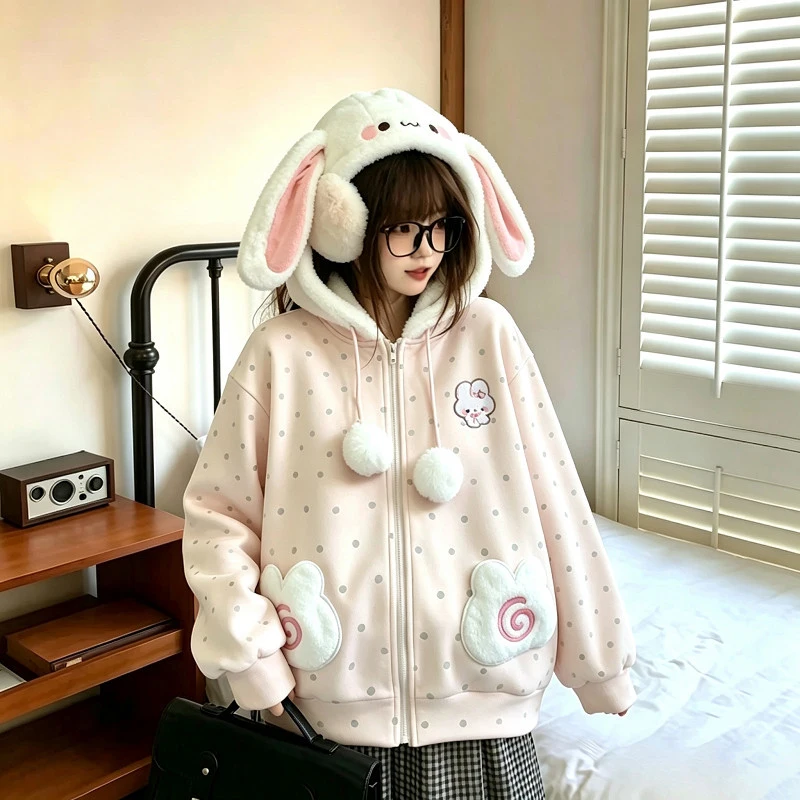 Cute Rabbit Ears Hoodies Women Sweet Dot Cartoon Print Long Sleeve Sweatshirt Fall Winter Kawaii Preppy Style Female Zipper Top