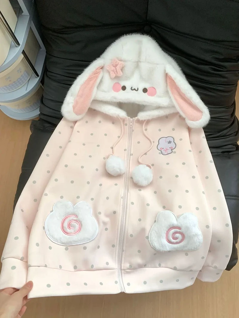 Cute Rabbit Ears Hoodies Women Sweet Dot Cartoon Print Long Sleeve Sweatshirt Fall Winter Kawaii Preppy Style Female Zipper Top