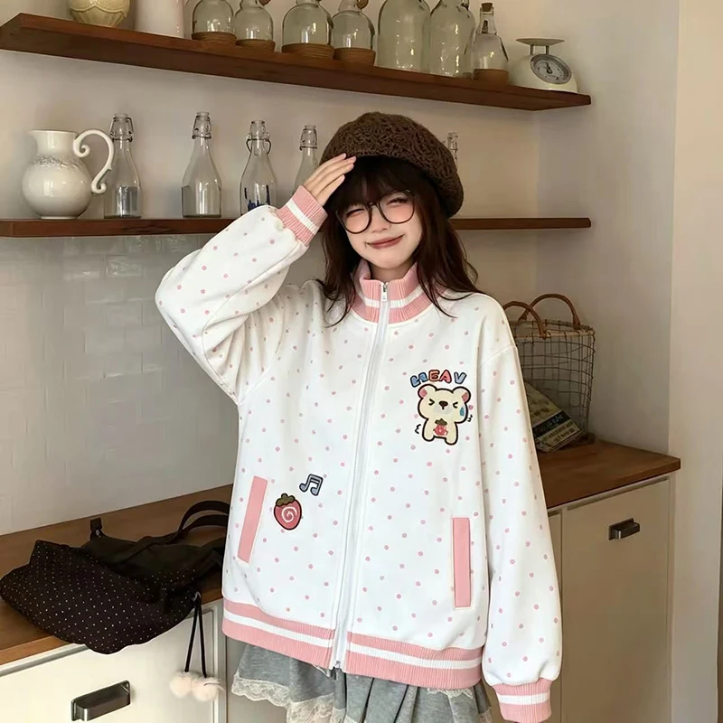 Cute Bear Dot Sweatshirt Women Loose Kawaii Preppy Style Stand Collar Pullover Fall Winter Fashion Long Sleeve Female Casual Top