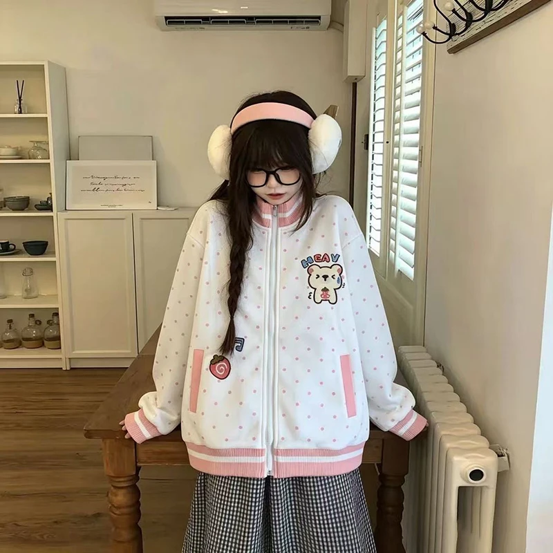 Cute Bear Dot Sweatshirt Women Loose Kawaii Preppy Style Stand Collar Pullover Fall Winter Fashion Long Sleeve Female Casual Top
