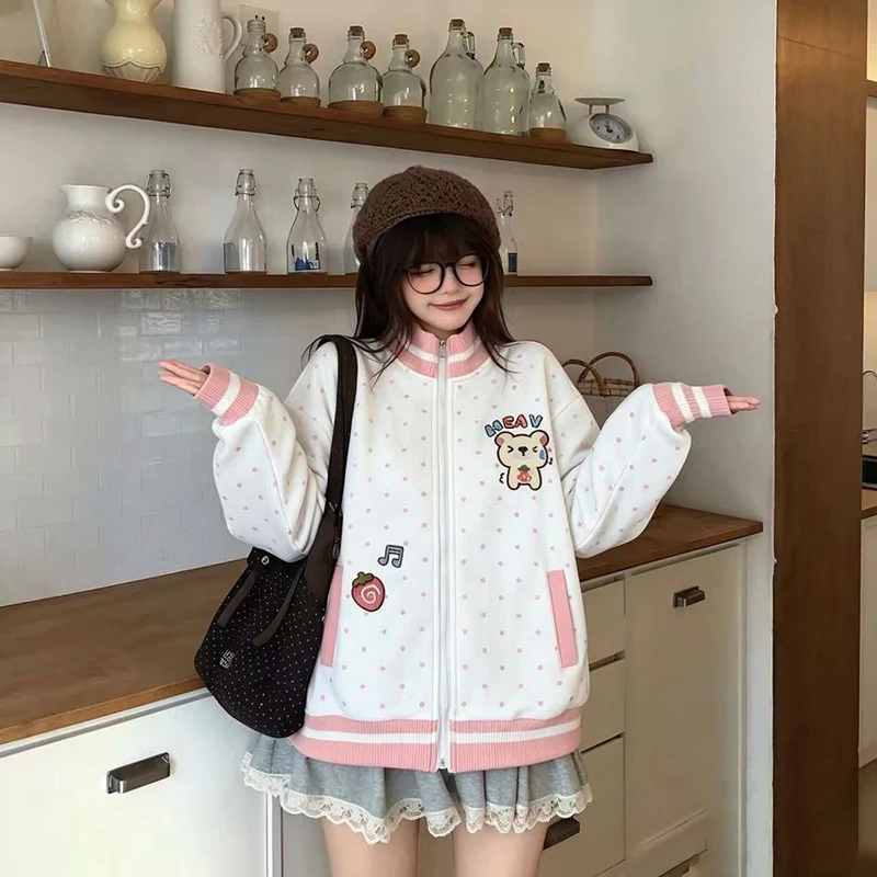 Cute Bear Dot Sweatshirt Women Loose Kawaii Preppy Style Stand Collar Pullover Fall Winter Fashion Long Sleeve Female Casual Top