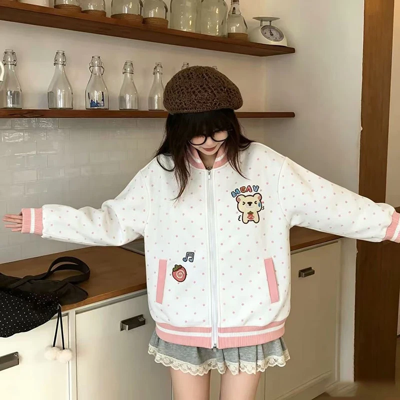 Cute Bear Dot Sweatshirt Women Loose Kawaii Preppy Style Stand Collar Pullover Fall Winter Fashion Long Sleeve Female Casual Top