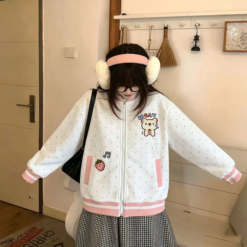 Cute Bear Dot Sweatshirt Women Loose Kawaii Preppy Style Stand Collar Pullover Fall Winter Fashion Long Sleeve Female Casual Top