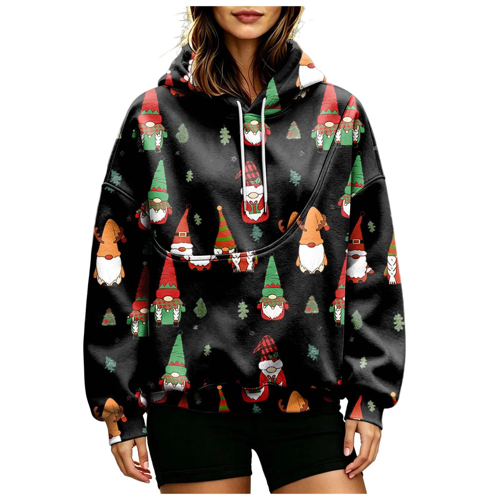Women Fall And Winter Hoodie With Pet Pouch Oversized Pocket Colorful Print Sweatshirt For Dogs And Zip up Fleece Hoodie Women