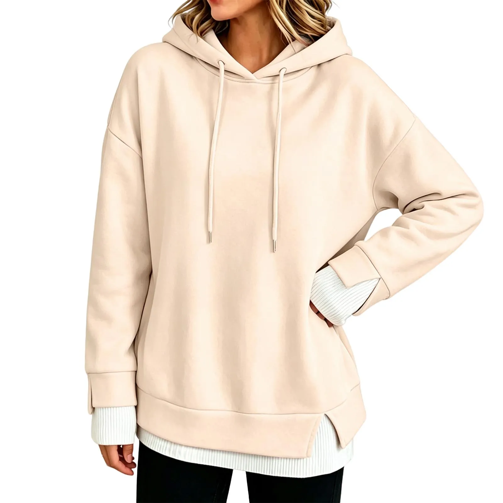 Women Fall And Winter Long Sleeve Hooded Sweatshirt Solid Color Pullover With Faux Layered Panel Hoodie Women with Pockets