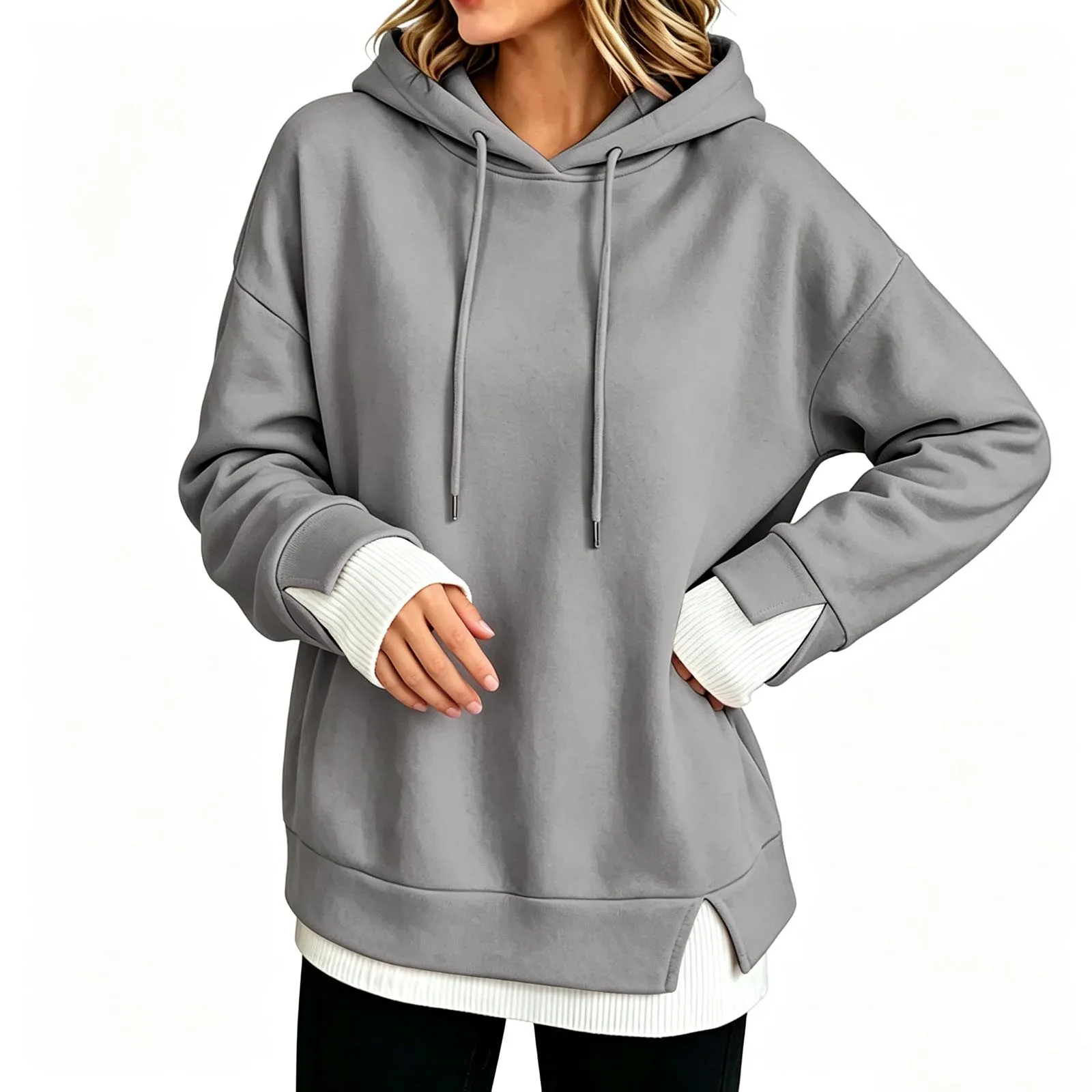 Women Fall And Winter Long Sleeve Hooded Sweatshirt Solid Color Pullover With Faux Layered Panel Hoodie Women with Pockets