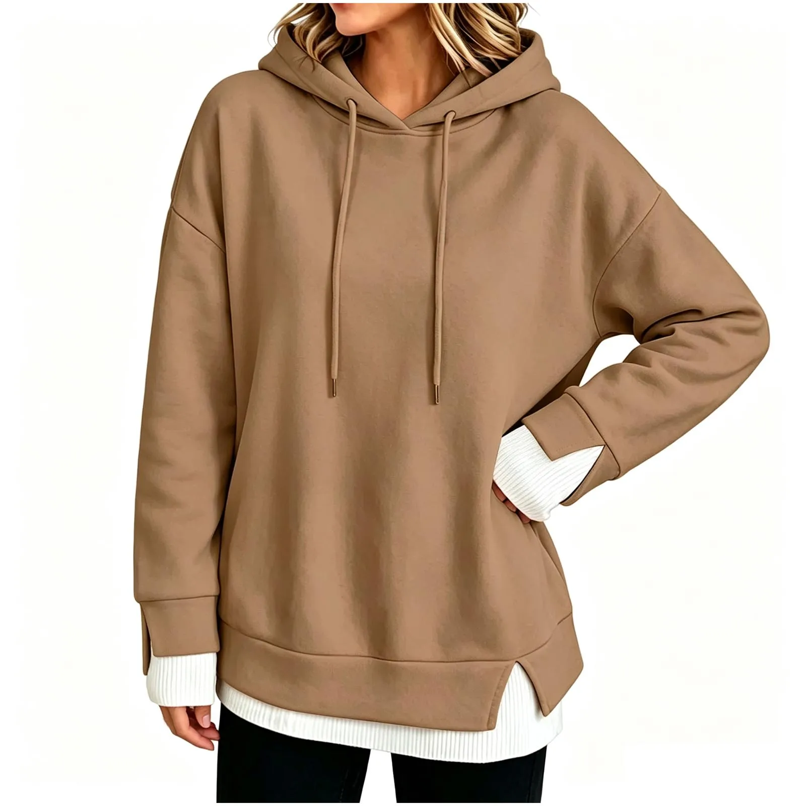 Women Fall And Winter Long Sleeve Hooded Sweatshirt Solid Color Pullover With Faux Layered Panel Hoodie Women with Pockets