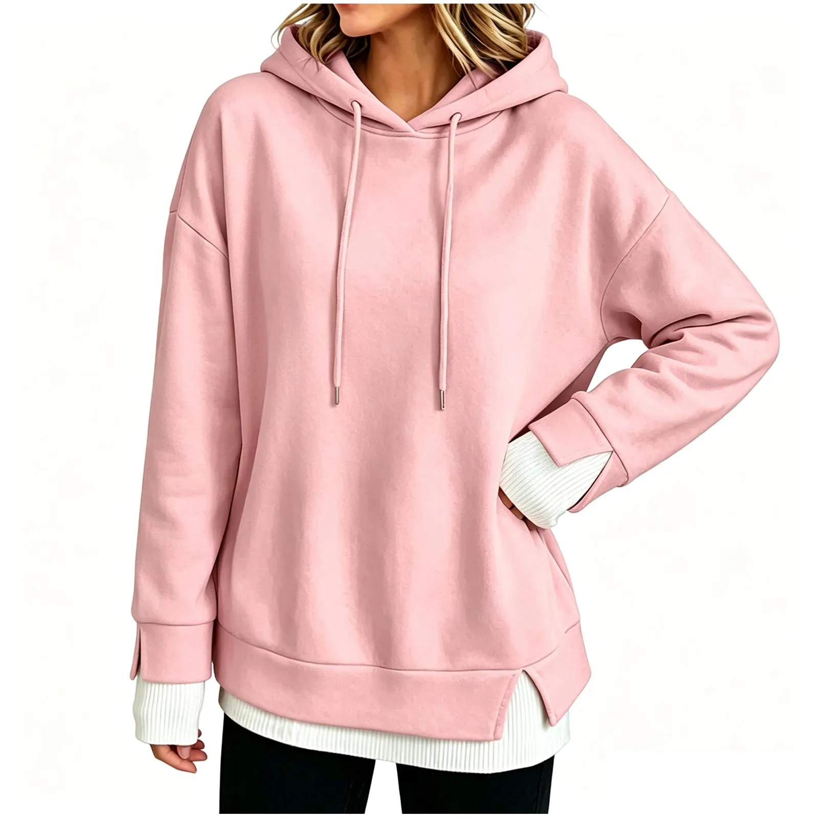 Women Fall And Winter Long Sleeve Hooded Sweatshirt Solid Color Pullover With Faux Layered Panel Hoodie Women with Pockets