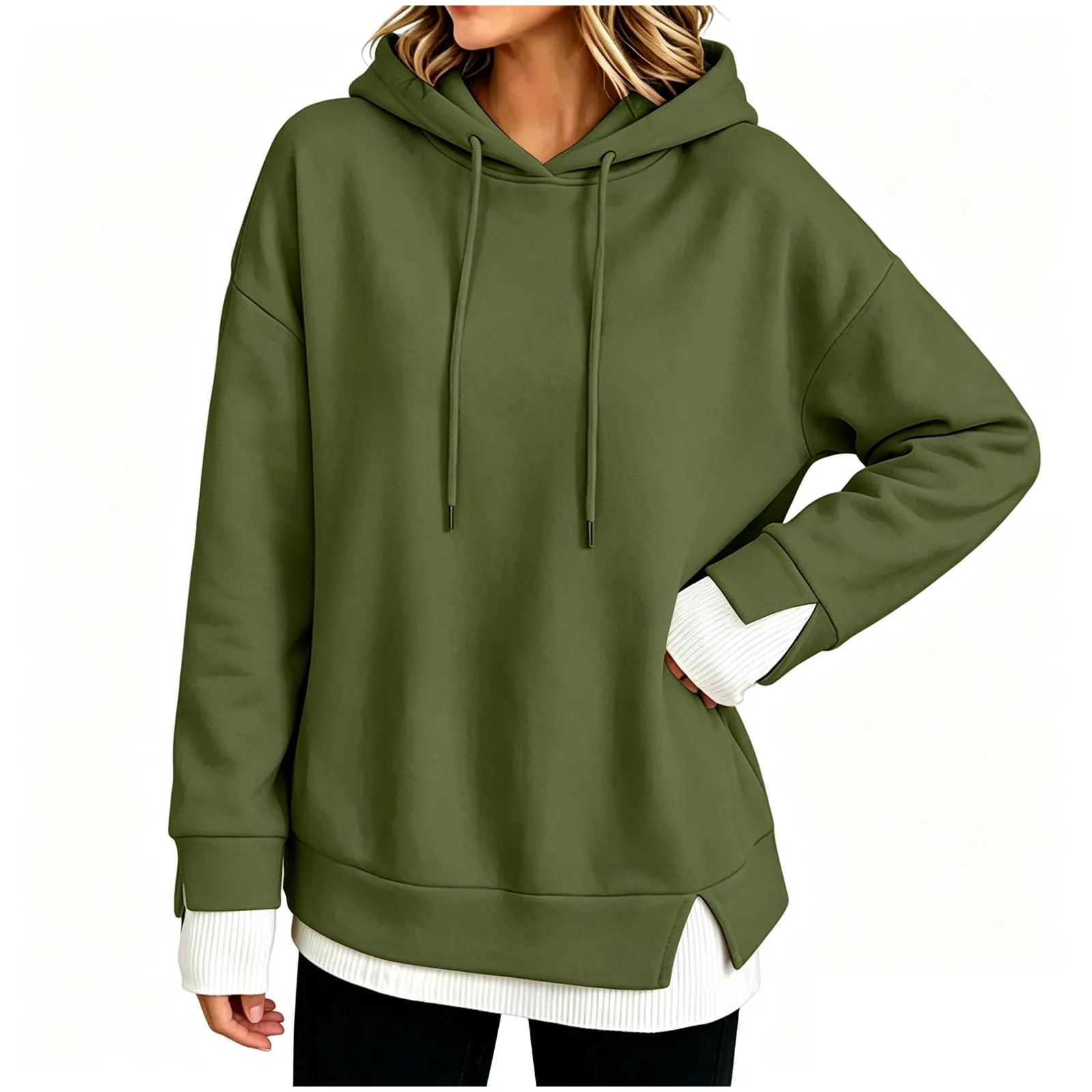 Women Fall And Winter Long Sleeve Hooded Sweatshirt Solid Color Pullover With Faux Layered Panel Hoodie Women with Pockets