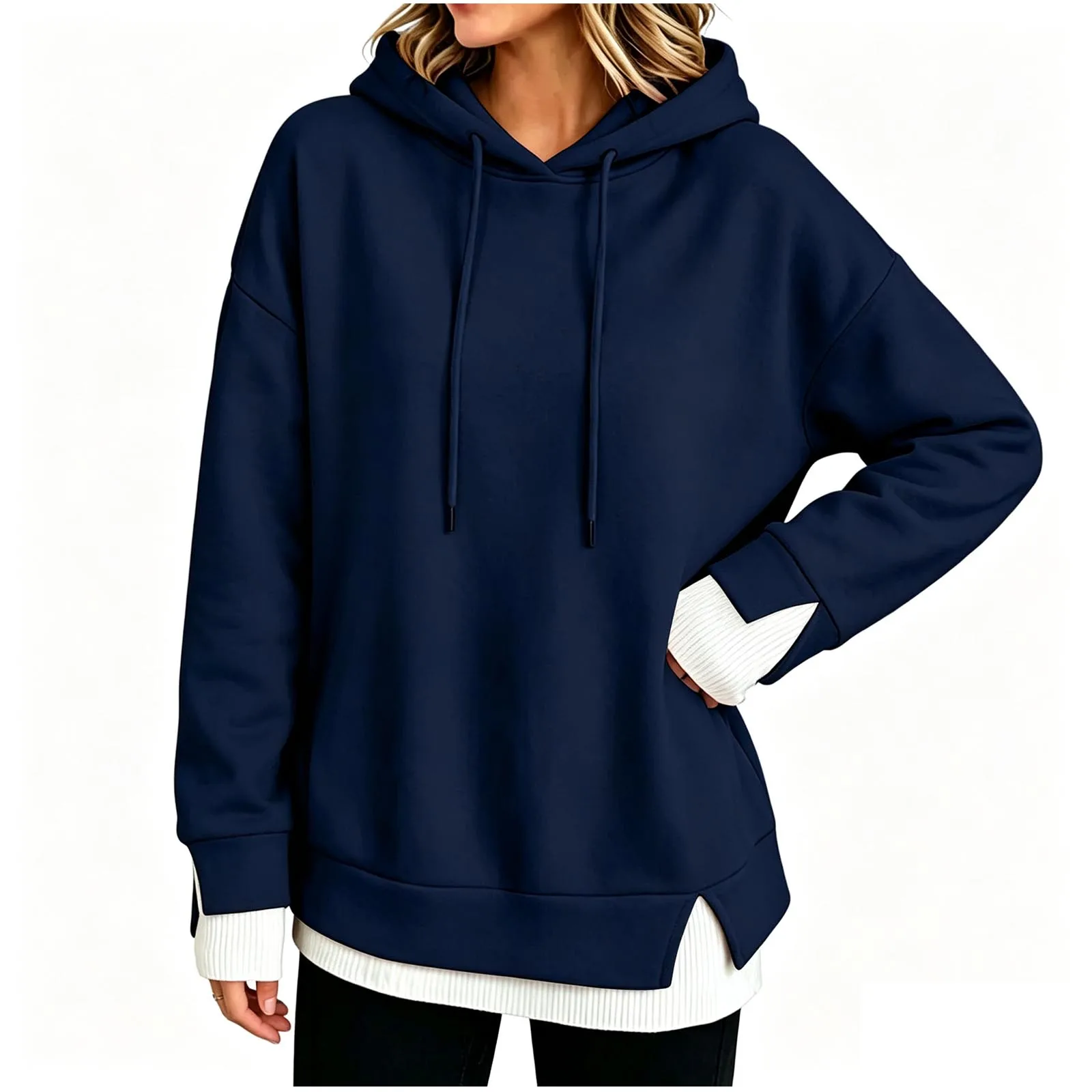 Women Fall And Winter Long Sleeve Hooded Sweatshirt Solid Color Pullover With Faux Layered Panel Hoodie Women with Pockets