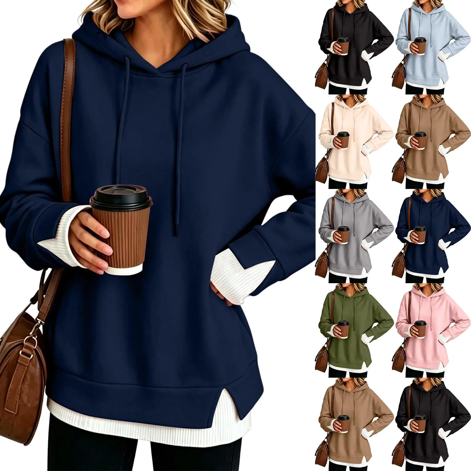 Women Fall And Winter Long Sleeve Hooded Sweatshirt Solid Color Pullover With Faux Layered Panel Hoodie Women with Pockets