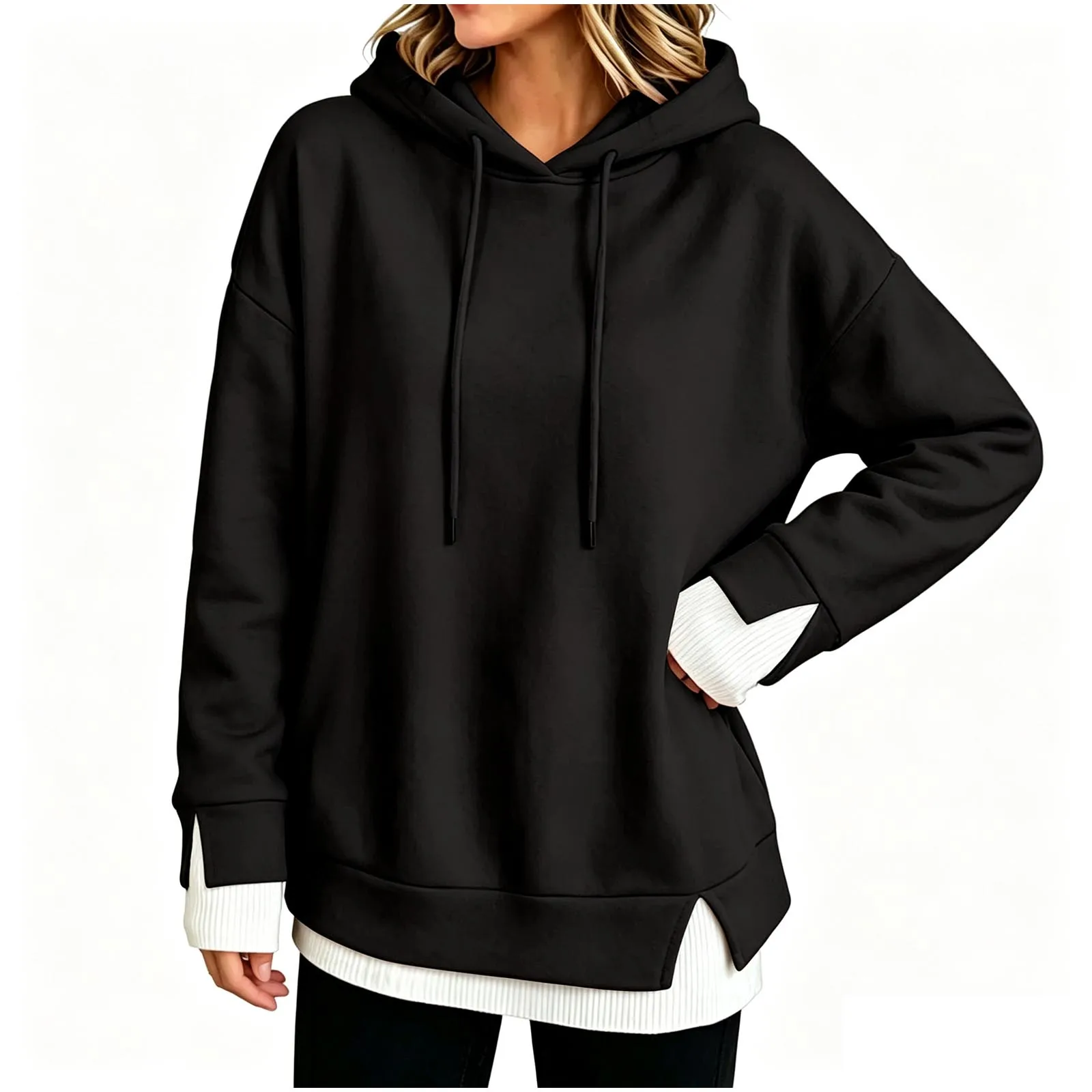 Women Fall And Winter Long Sleeve Hooded Sweatshirt Solid Color Pullover With Faux Layered Panel Hoodie Women with Pockets