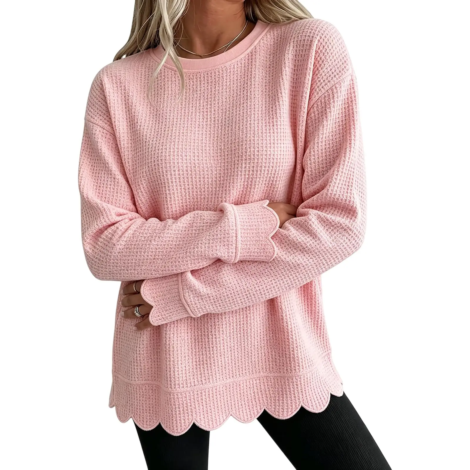 Womens Knit Oversized Crewneck Sweatshirts Scalloped Casual Tunic Long Sleeve Soft Cozy Top Drop Ladies Sweatshirts Zipper