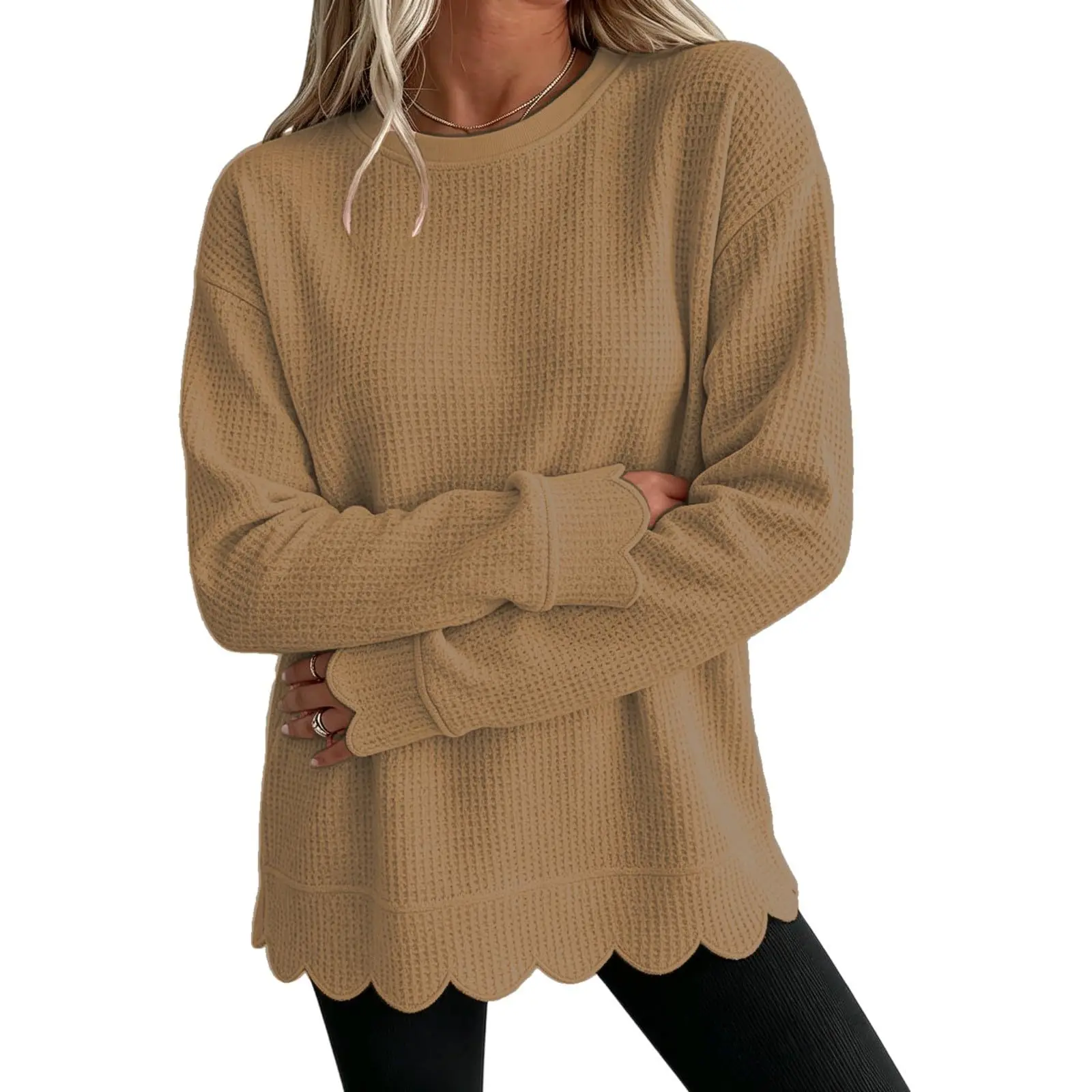 Womens Knit Oversized Crewneck Sweatshirts Scalloped Casual Tunic Long Sleeve Soft Cozy Top Drop Ladies Sweatshirts Zipper