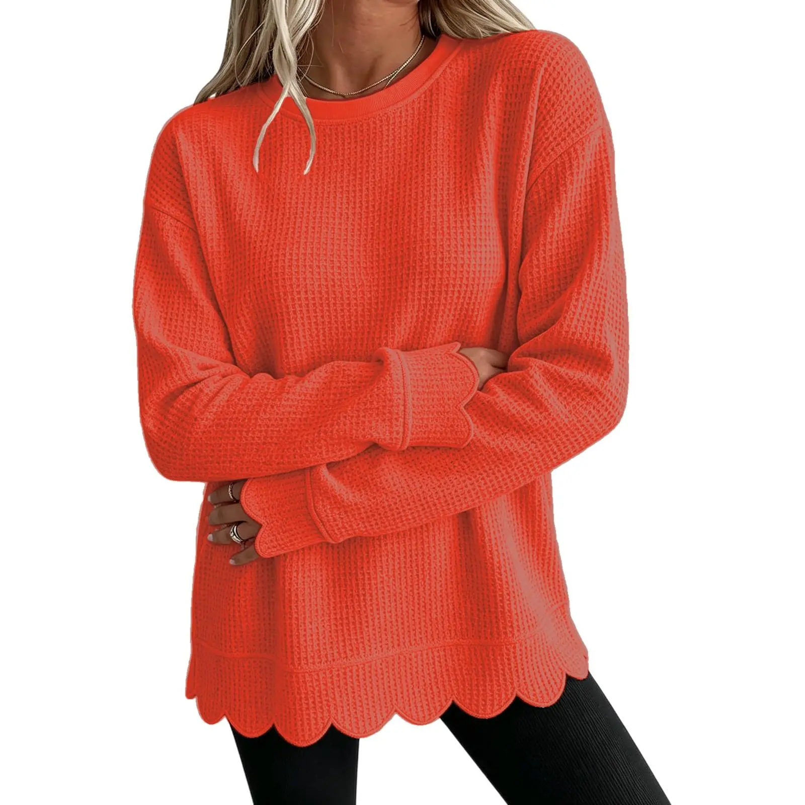 Womens Knit Oversized Crewneck Sweatshirts Scalloped Casual Tunic Long Sleeve Soft Cozy Top Drop Ladies Sweatshirts Zipper